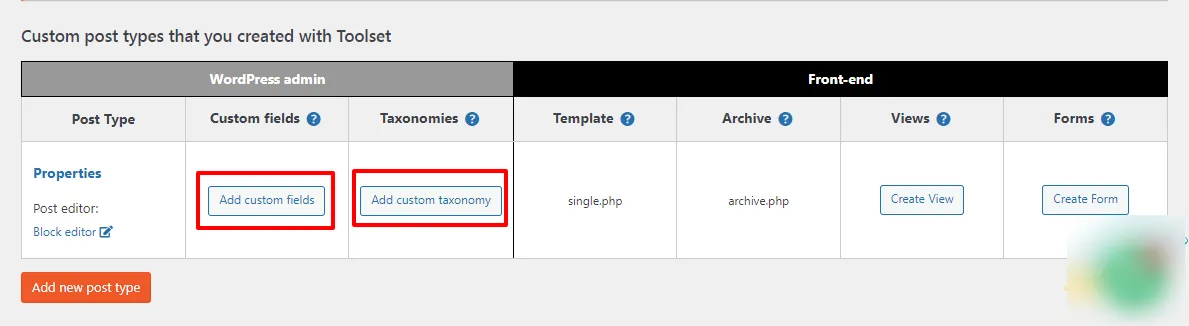 add custom fields and taxonomy toolset types