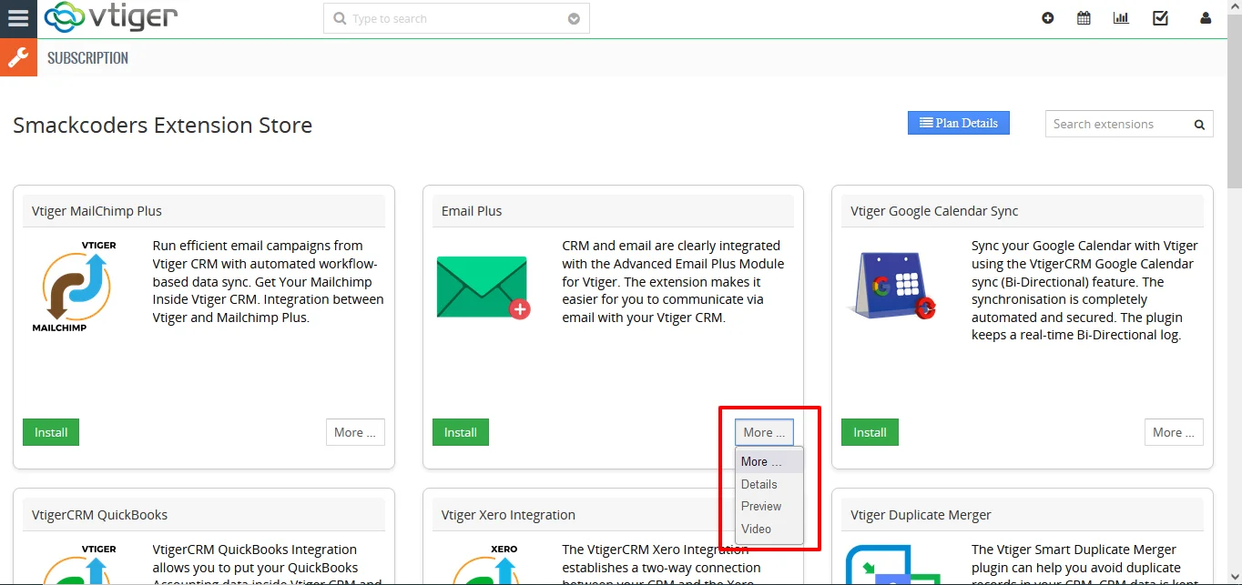 Vtiger Subscription module More option in Extension store