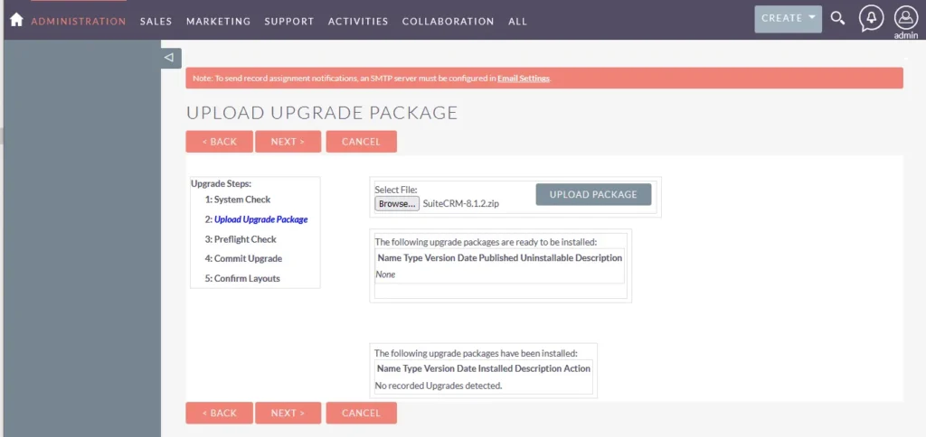 Upload upgrade package