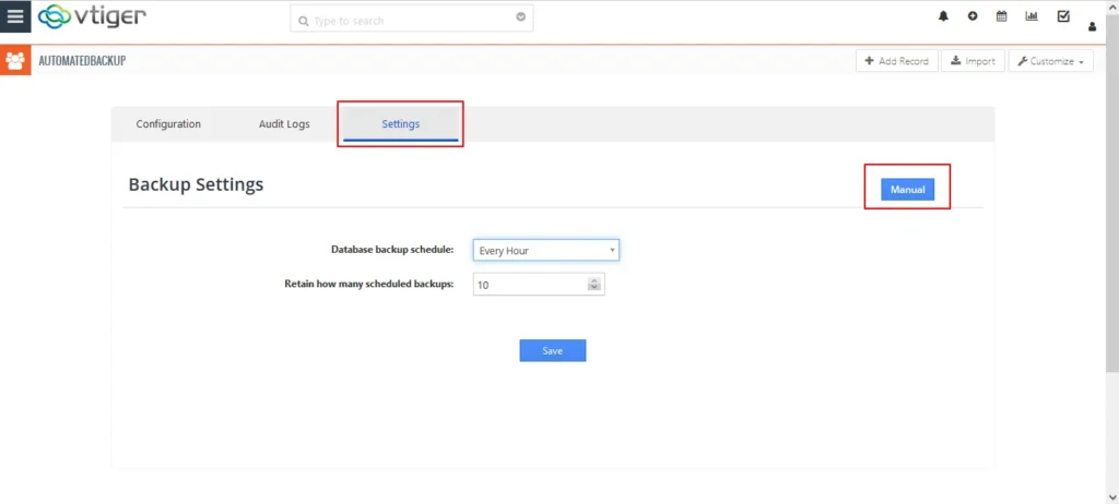 Vtiger Auto Backup Settings