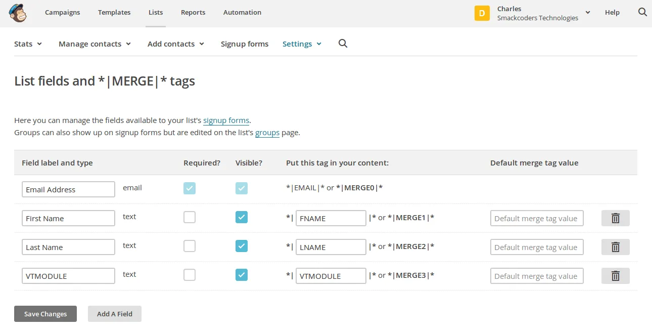 Vtiger MailChimp Custom Field