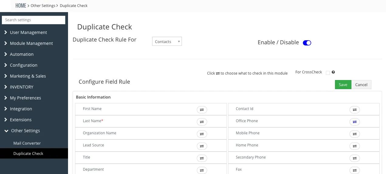 duplicate check vtiger settings