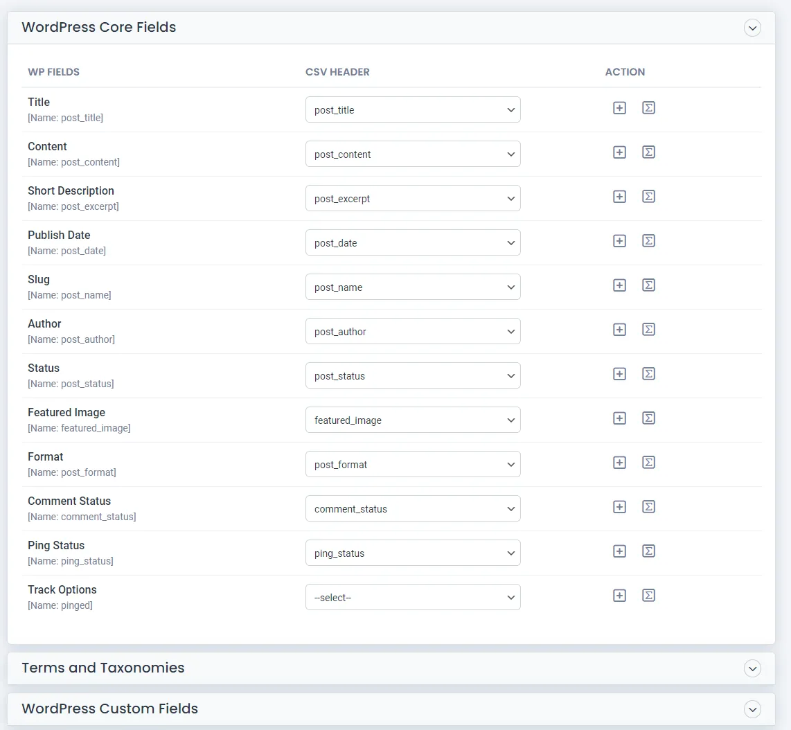 posts csv header fields mapping