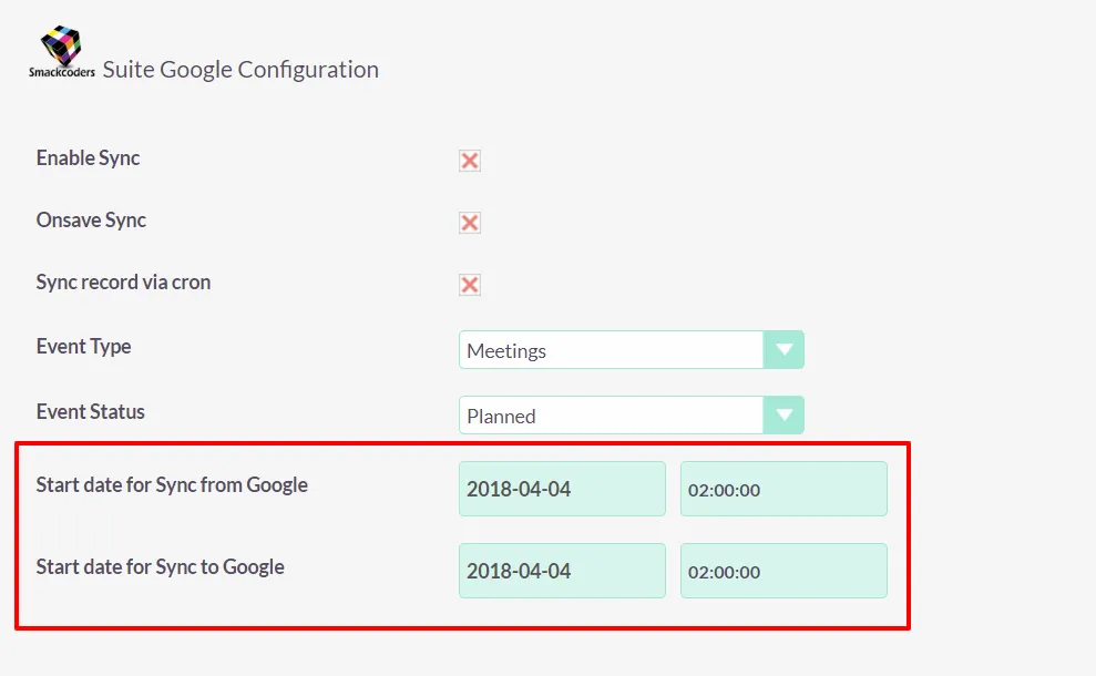 suitecrm google calendar specific date