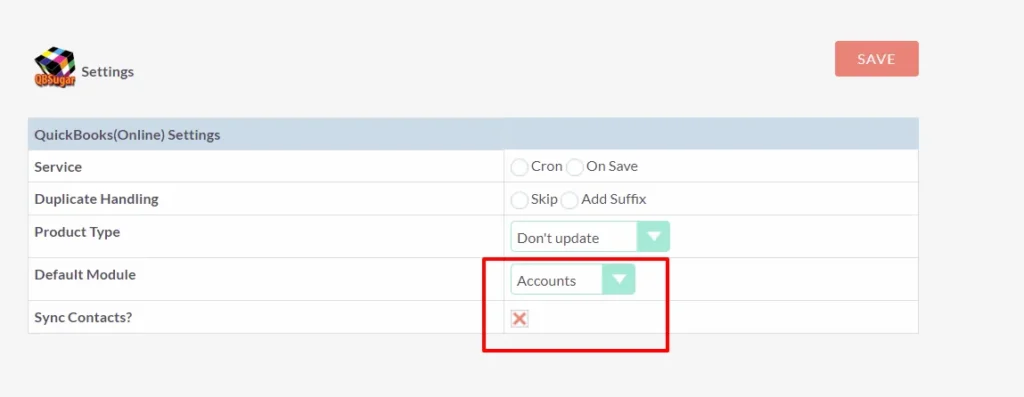 suitecrm qb settings accounts