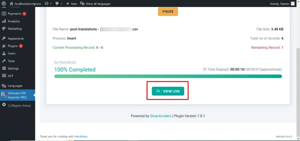 How to import csv view log