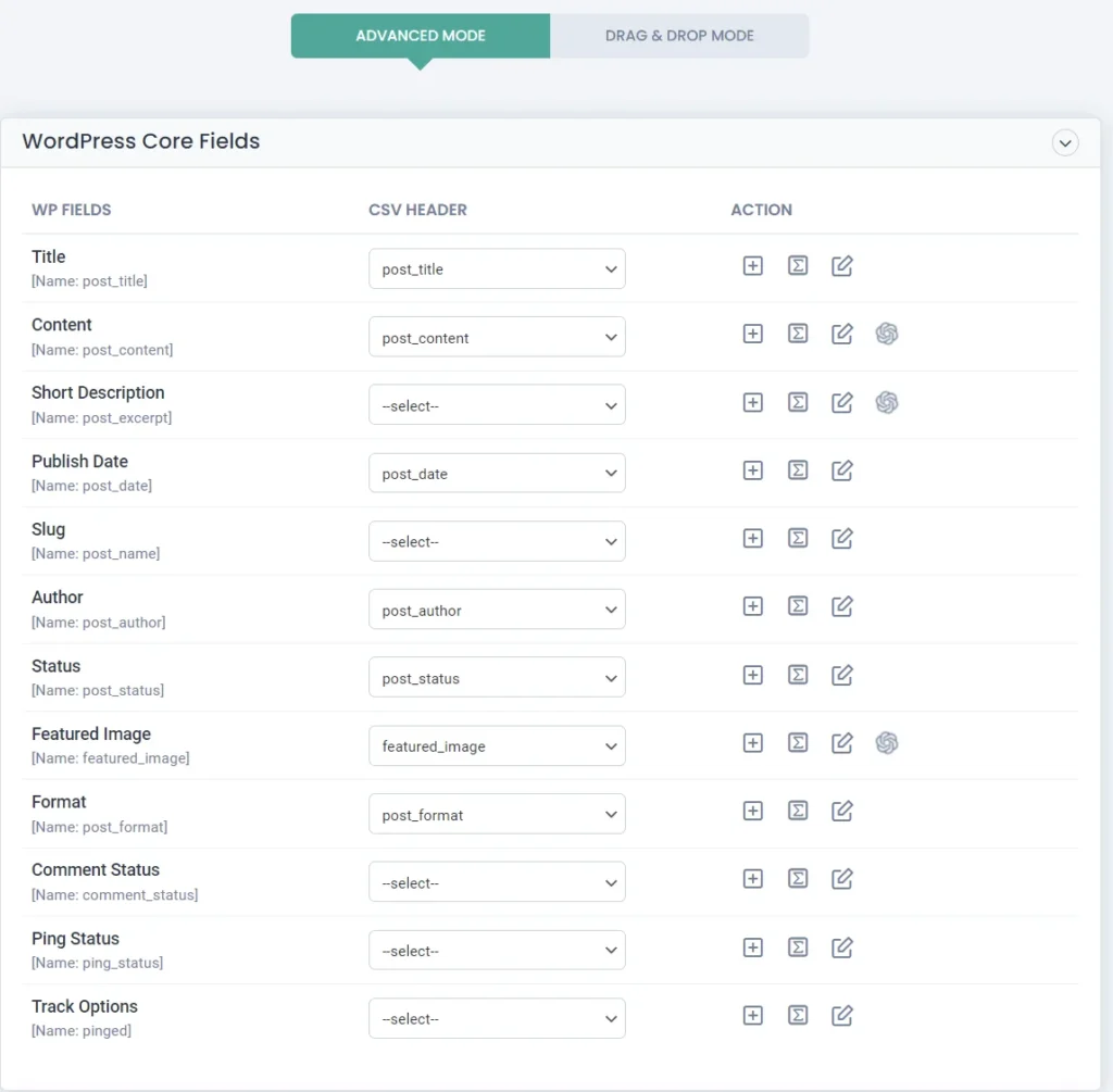 import and export csv Mapping Wordpress core fields