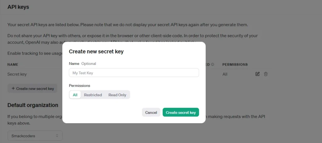 create new secret key in openai