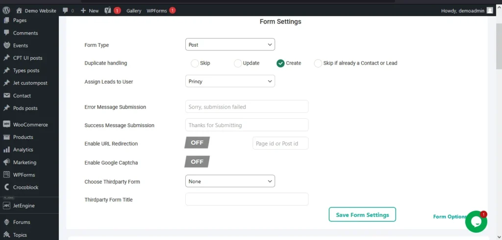Wp leads builder Form options