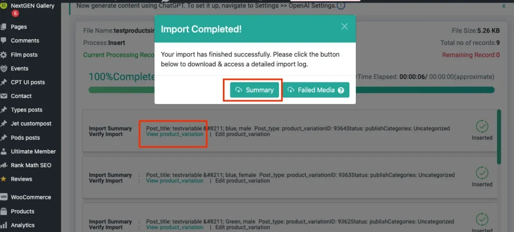 WooCommerce-Variation-Single-CSV-import-Import-Summary