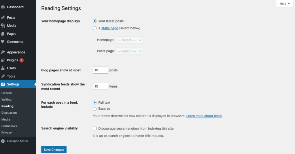 Steps to launch wordpress- Reading Settings