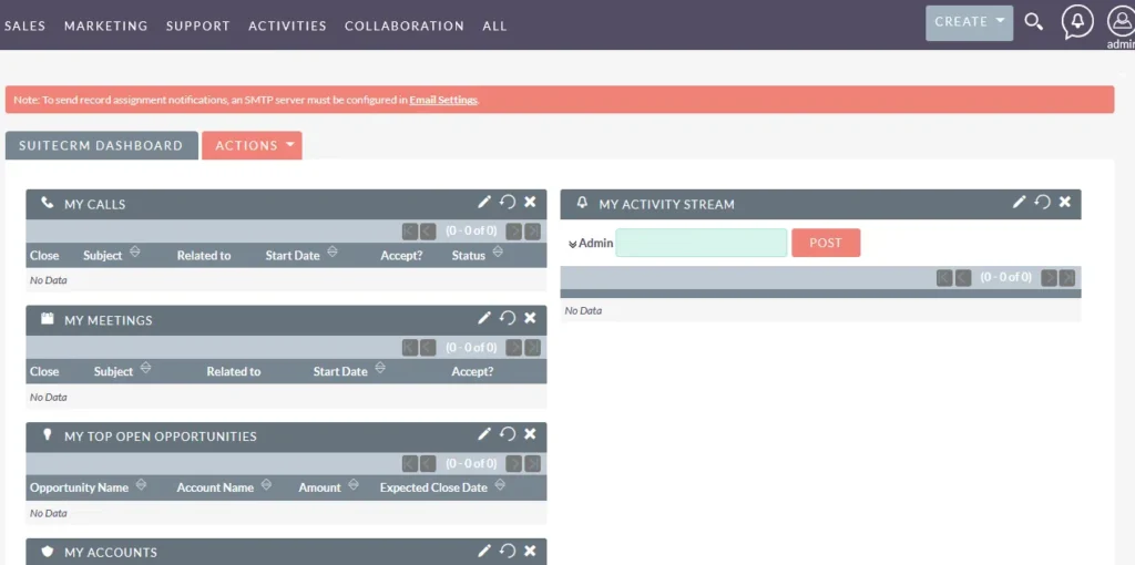 SuiteCRM Installation Guide 11 Dashboard-SuiteCRM