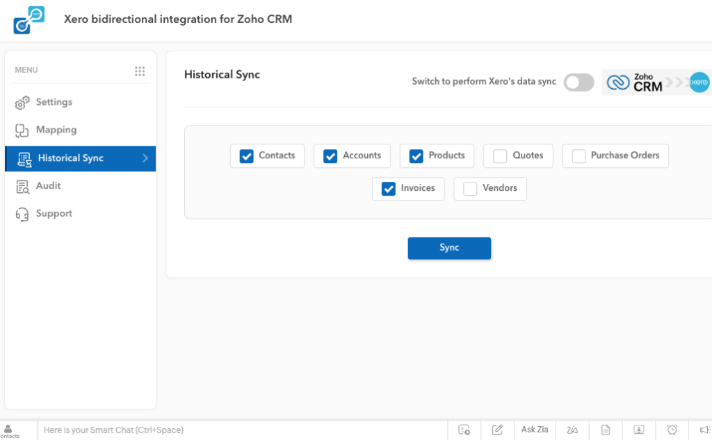 Xero Zoho CRM Integration: Getting Started 5 Zoho Xero- Historical Sync