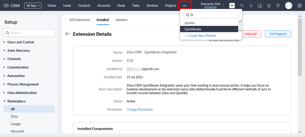 Zoho QB Access the extension