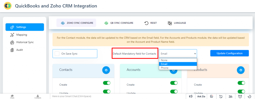 Zoho QB Default Mandatory field for Contacts 1