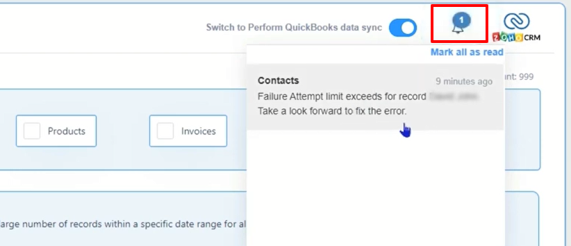 Zoho QB- Instant notification on failed record sync after three attempts
