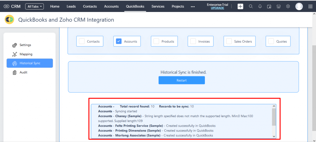 Zoho QB- Verify the synced &unsynced record in historical sync
