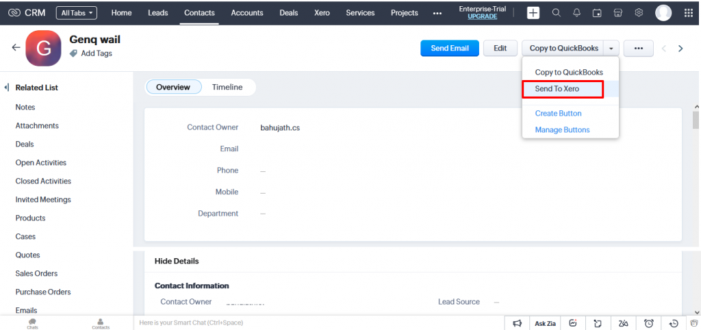 Zoho Xero- Send to Xero