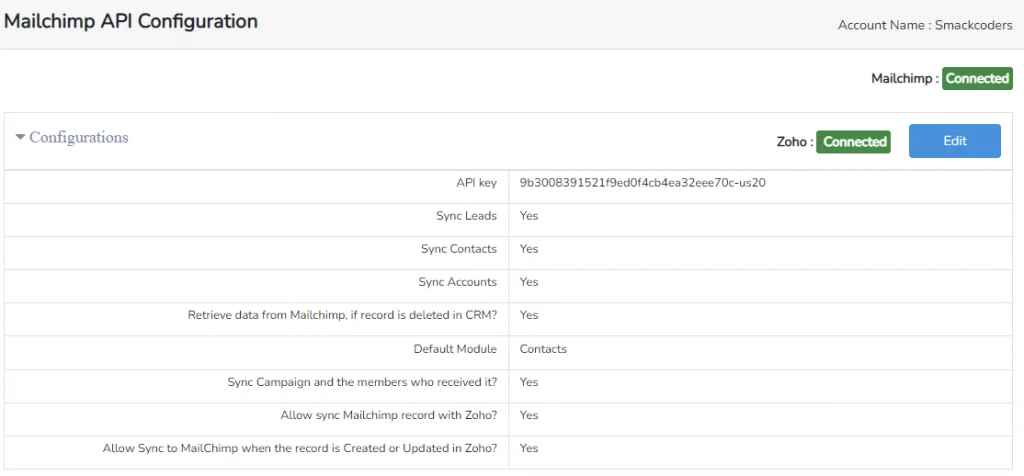 Sync your data quickly using Zoho Mailchimp Extension 2 API key configuration
