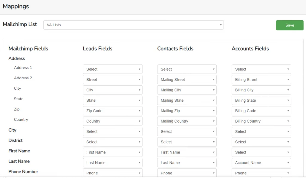 Sync your data quickly using Zoho Mailchimp Extension 3 Field mapping