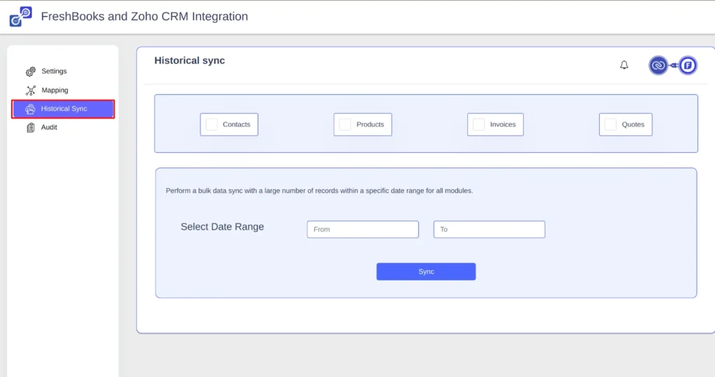 Zoho CRM FreshBooks Integration 5 FreshBooks and Zoho CRM integration Historical Sync 1
