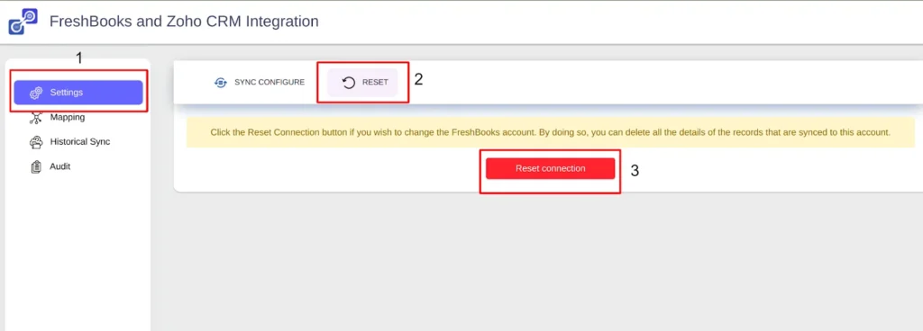 Zoho CRM FreshBooks Integration 7 FreshBooks and Zoho CRM integration Reset Connection