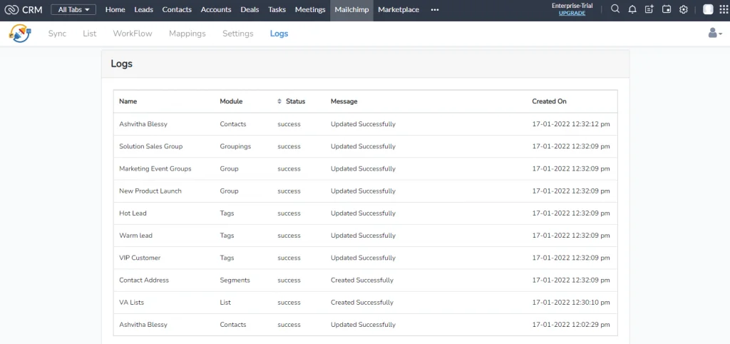 Sync your data quickly using Zoho Mailchimp Extension 5 Logs
