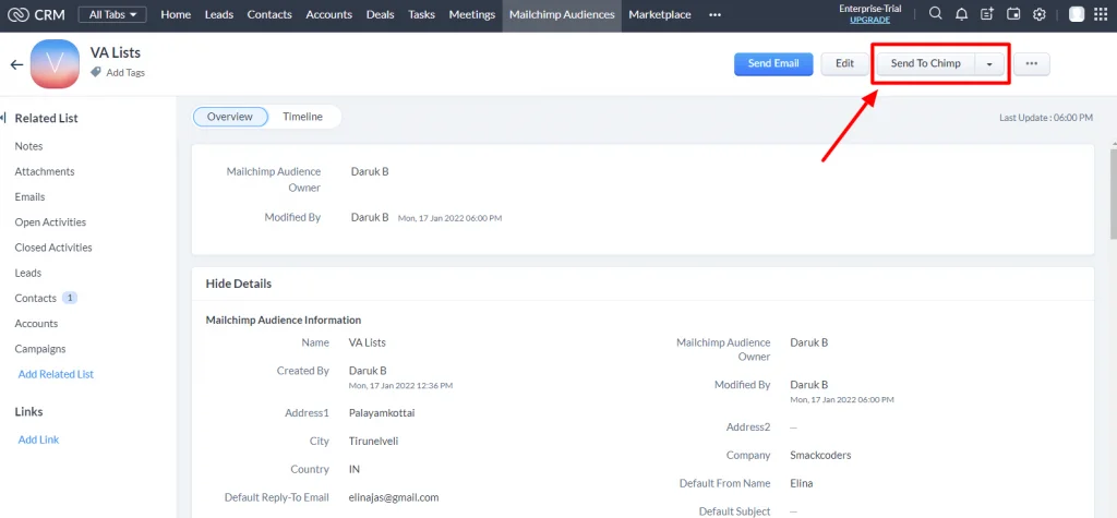 Sync your data quickly using Zoho Mailchimp Extension 6 Send to Mailchimp