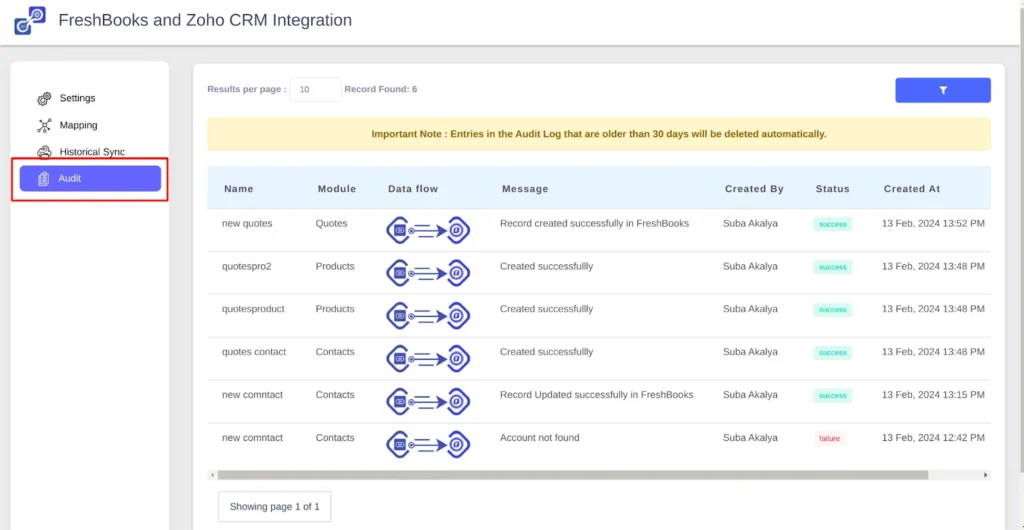 Zoho CRM FreshBooks Integration 6 Zoho CRM and FreshBooks integration Audit Page