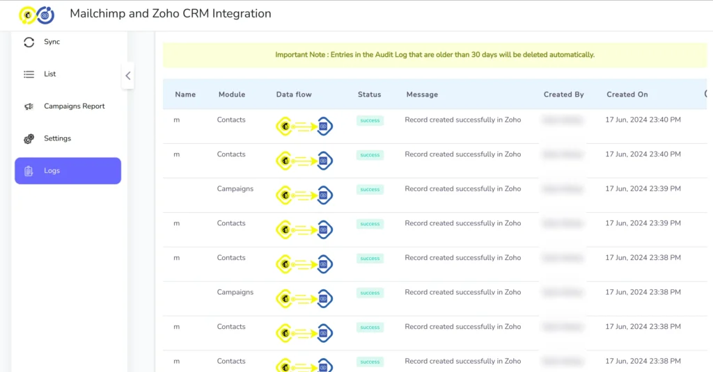 Zoho Mailchimp Extension 16 Zoho CRM Mailchimp Extension Logs