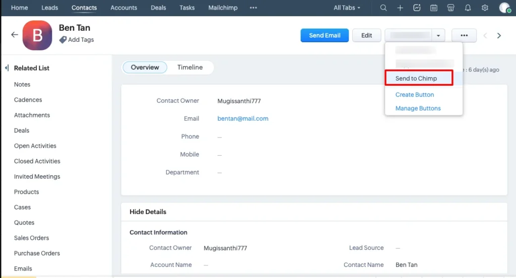 Zoho Mailchimp Extension 13 Zoho CRM Mailchimp Send to chimp