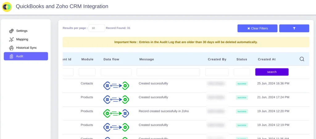 Zoho QuickBooks Extension 6 Zoho QB Audit Logs