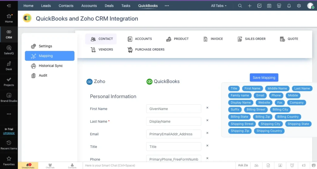 Zoho QuickBooks Extension 4 Zoho QB Mapping