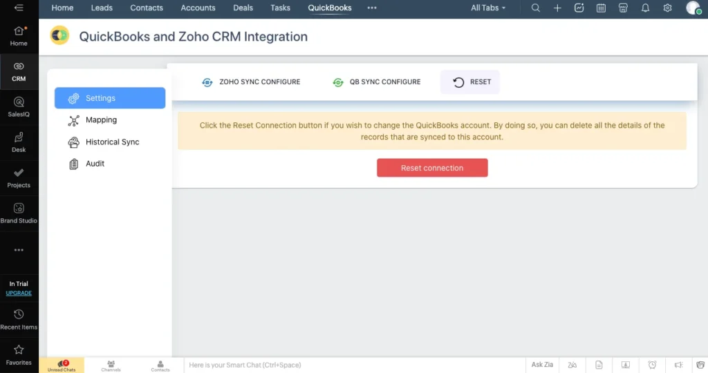 Zoho QuickBooks Extension 3 Zoho QB Reset Connection