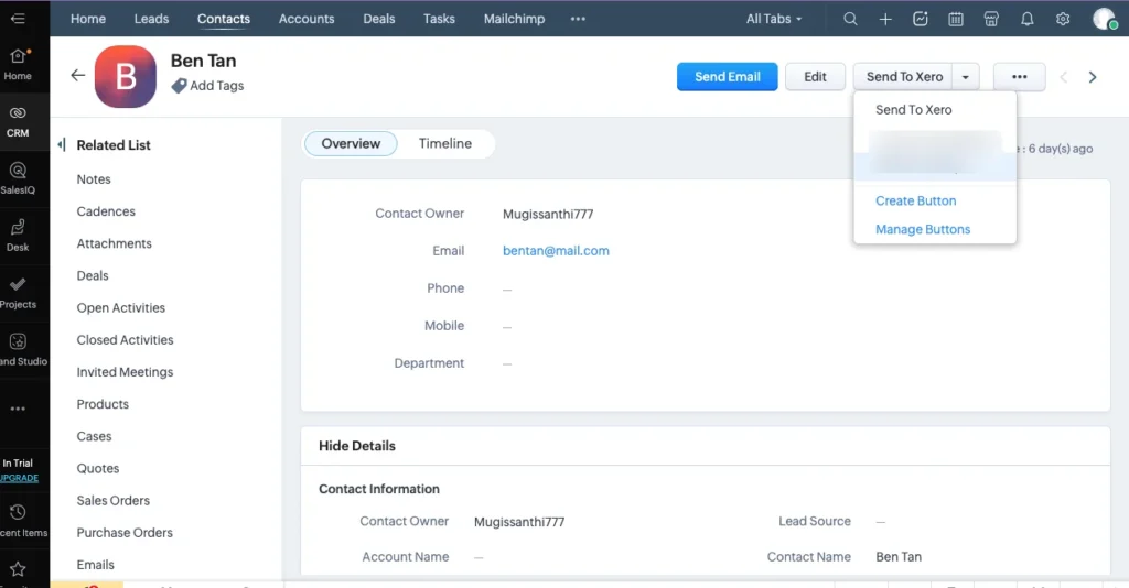 Xero Zoho CRM Integration: Getting Started 4 Zoho CRM Xero integration Send to Xero