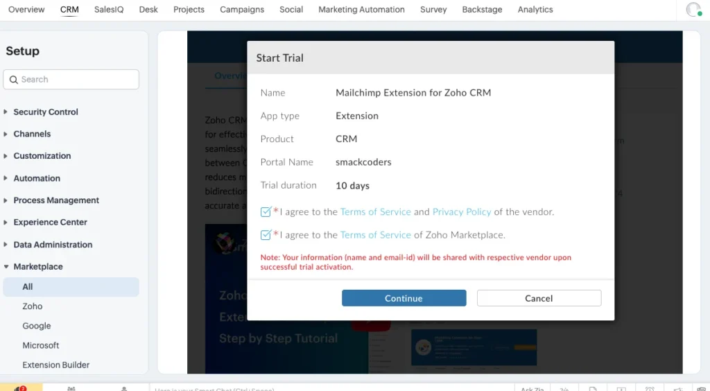 Zoho Mailchimp Extension 2 Zoho Mailchimp Accept the terms of services