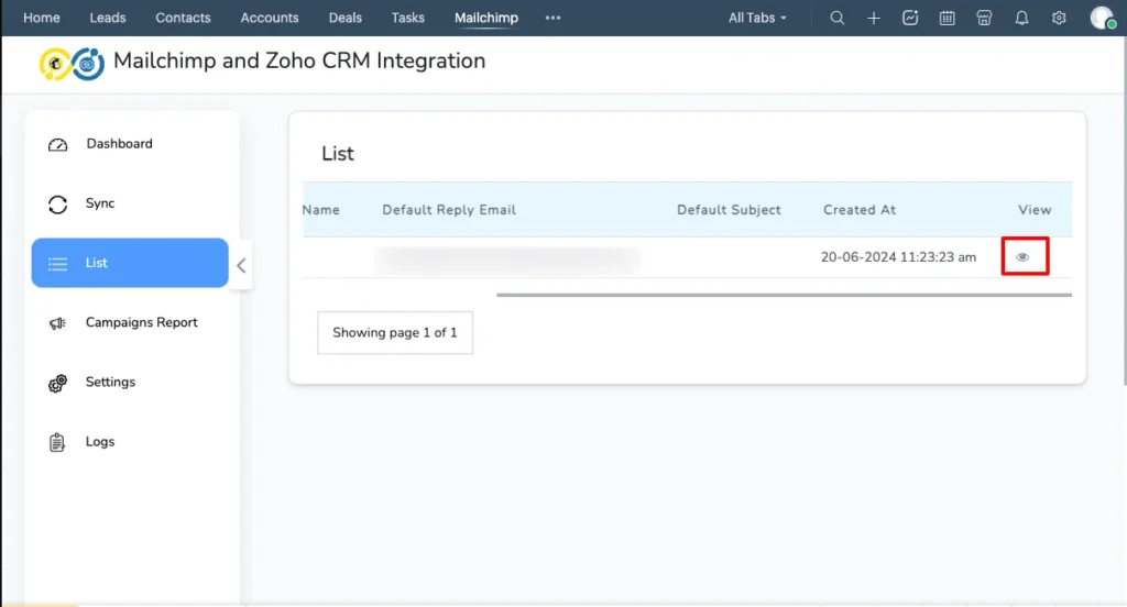 Zoho Mailchimp Extension 10 Zoho Mailchimp List view Eye icon
