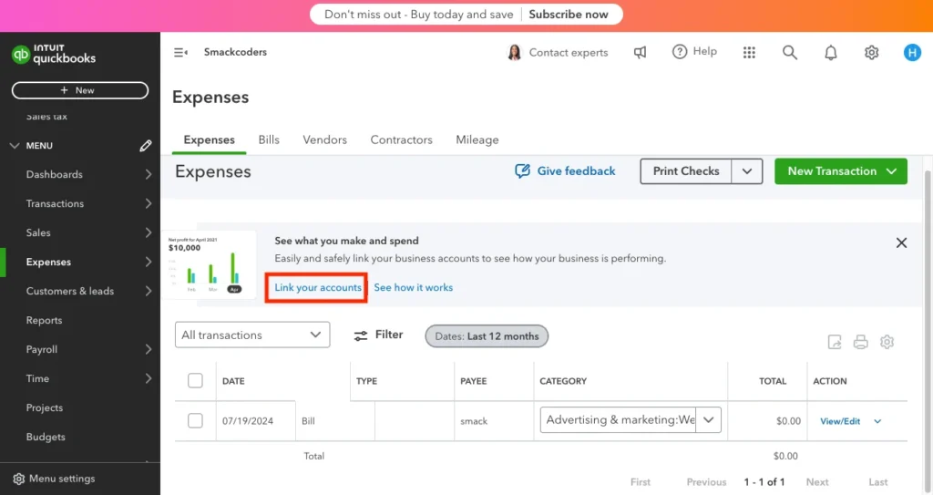 How to Automate Your Finances with QuickBooks 6 Automate invoice Expenses Link account 1