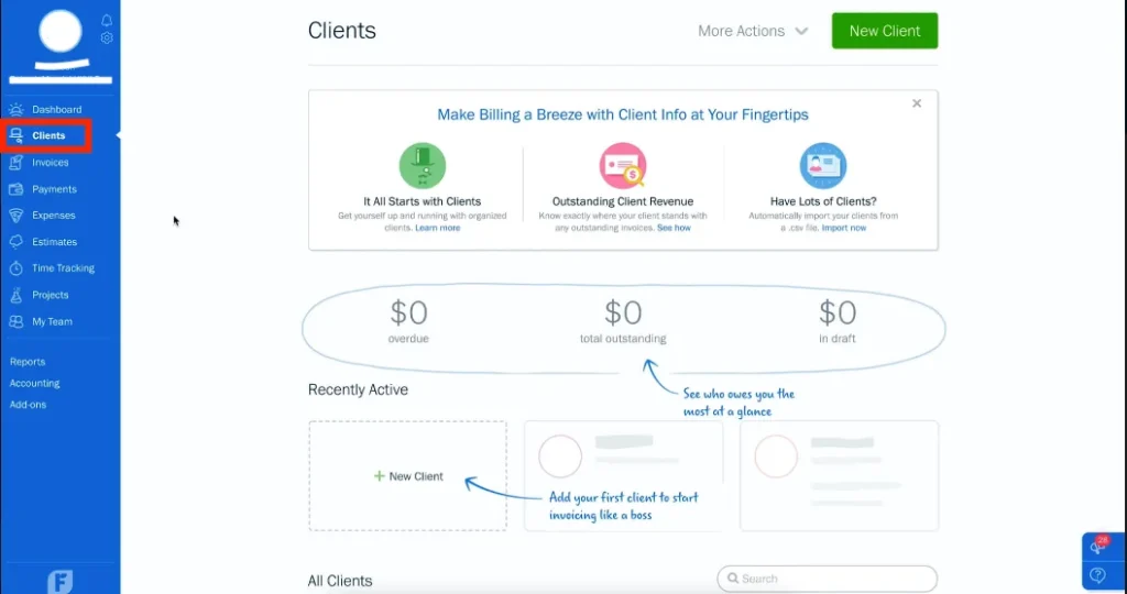 Streamlining Client Management with FreshBooks 4 FreshBooks Client Onboarding screen