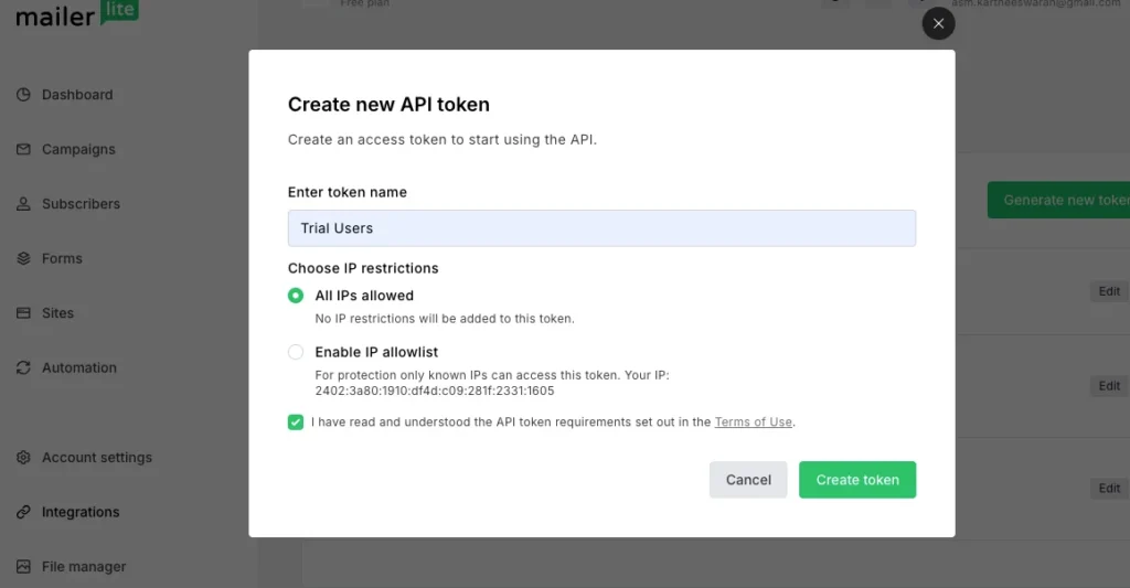 MailerLite Integration for Zoho CRM 4 MailerLite-Create-Token