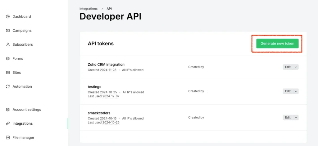 MailerLite Integration for Zoho CRM 3 MailerLite-Generate-new-token