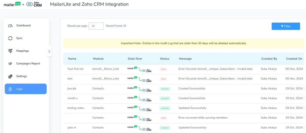MailerLite Integration for Zoho CRM 12 MailerLite-Logs