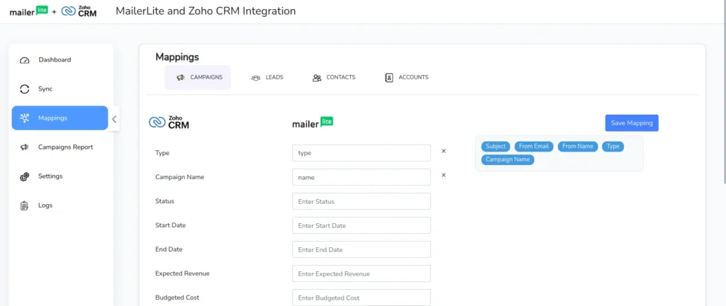 MailerLite Integration for Zoho CRM 8 MailerLite-Mapping