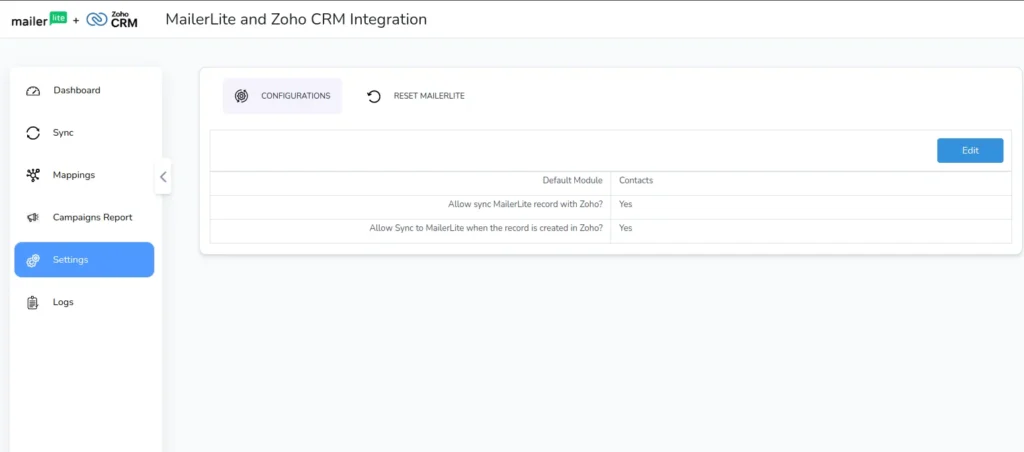 MailerLite Integration for Zoho CRM 6 MailerLite-Settings